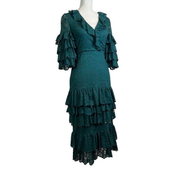 Saylor Emerald Lace Millie Midi Dress Tiered Lace Zipper Back Lined Size XS - Picture 2 of 14